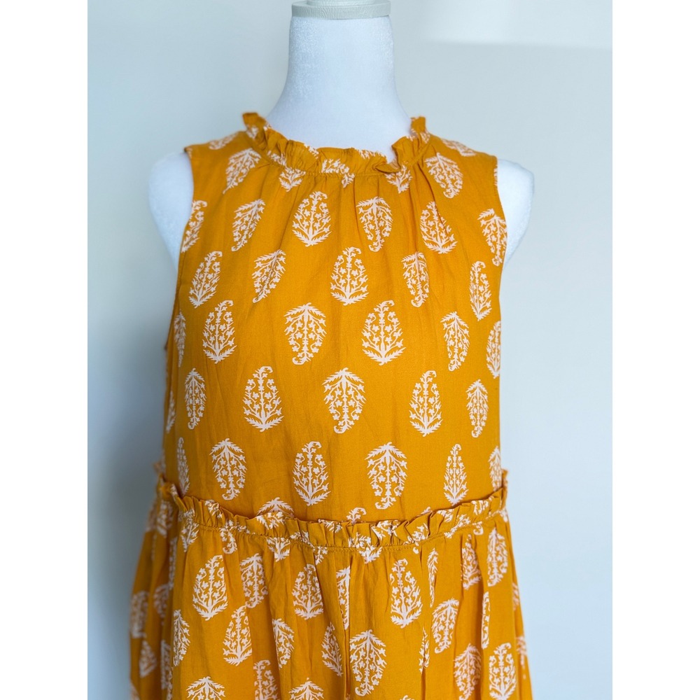 Lucky Mustard Yellow Ruffle Neck Sleeveless Block Print Mini Dress‎ Leaf Size S - Picture 6 of 13